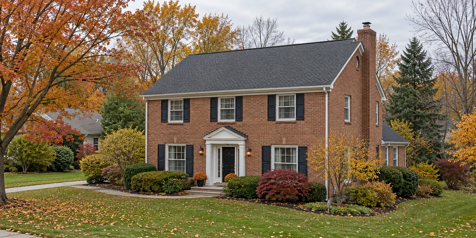 Brick home with an asphalt-shingle roof and late-autumn trees